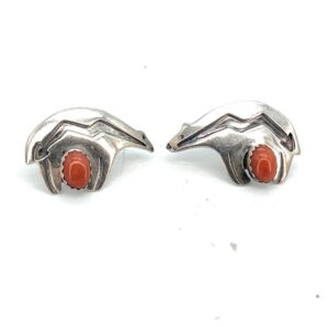 Old Pawn Sterling Silver & Coral Bear Fetish Overlay Post Earrings