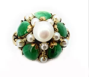Vintage 14K Yellow Gold, Jade & Cultured Pearl Bombé Ring