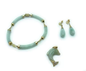 Vintage Asian 1970's 14K Yellow Gold & Jade 3-piece Jewelry Set